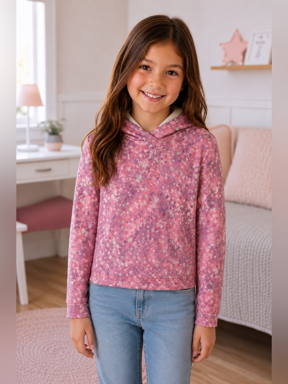 JOE FRESH ACTIVE Girls Pink AOP Star Print Fleece Lined Hoodie Size M 7-8 Girly
